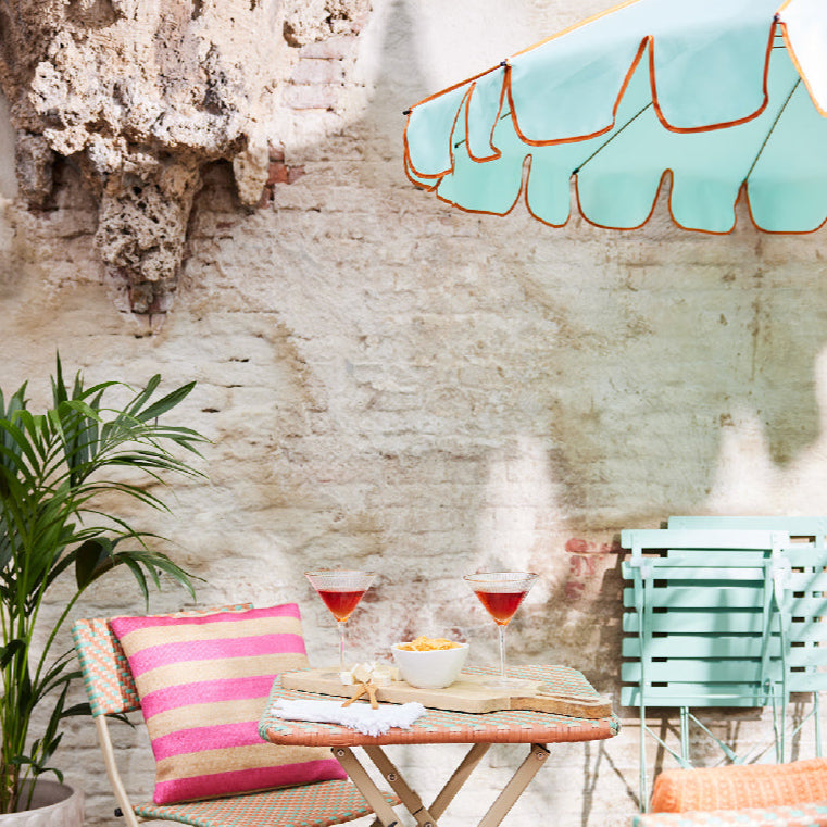 coral and aqua patio umbrella Two Tone Scalloped Parasol Aqua & Coral – Ella James