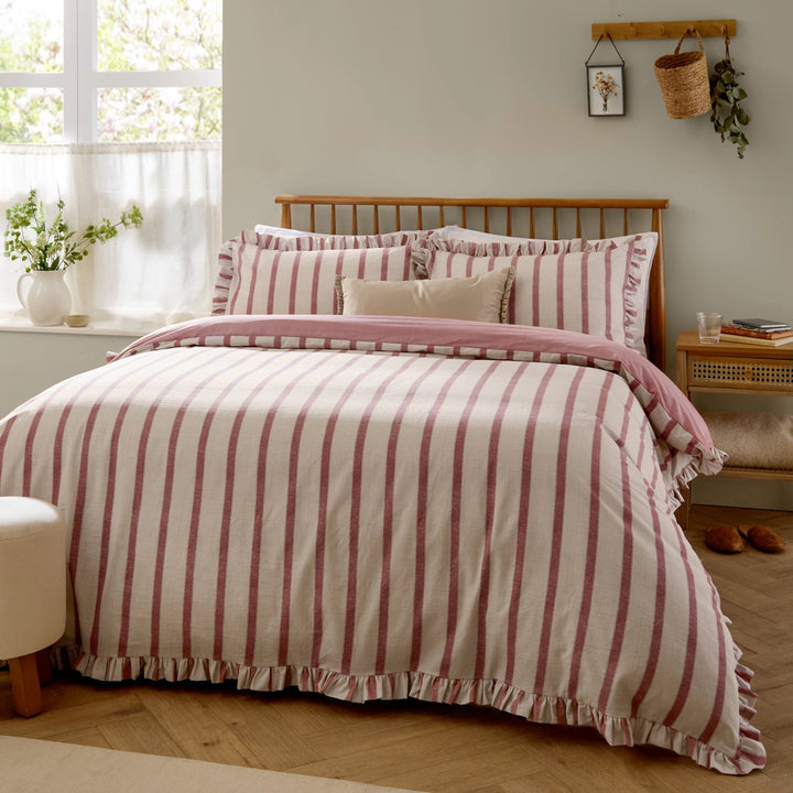 Connie Striped Ruffle Duvet Set in Clay Pink