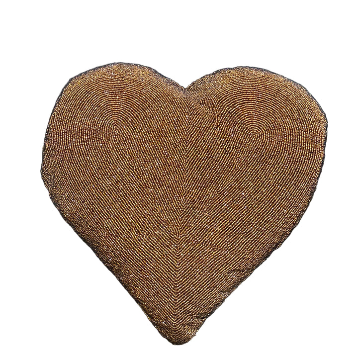 Large Beaded Heart Cushion in Brown