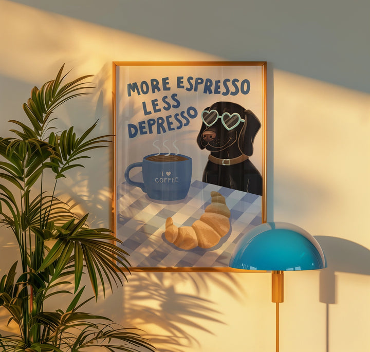 More Espresso Less Depresso Dog Print Blue