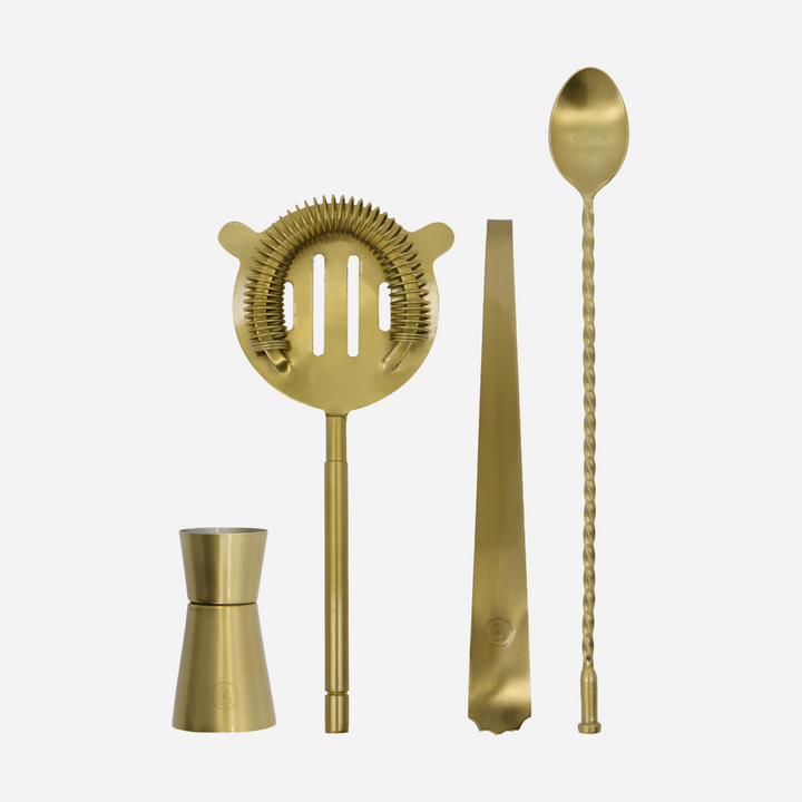 Four Piece Antique Brass Cocktail Set Gold