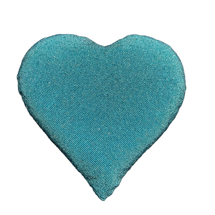 Large Beaded Heart Cushion in Blue