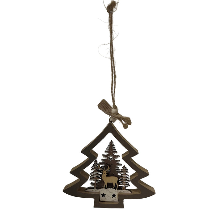 Small Reindeer & Trees in Brown Tree Outline Hanger Country Christmas