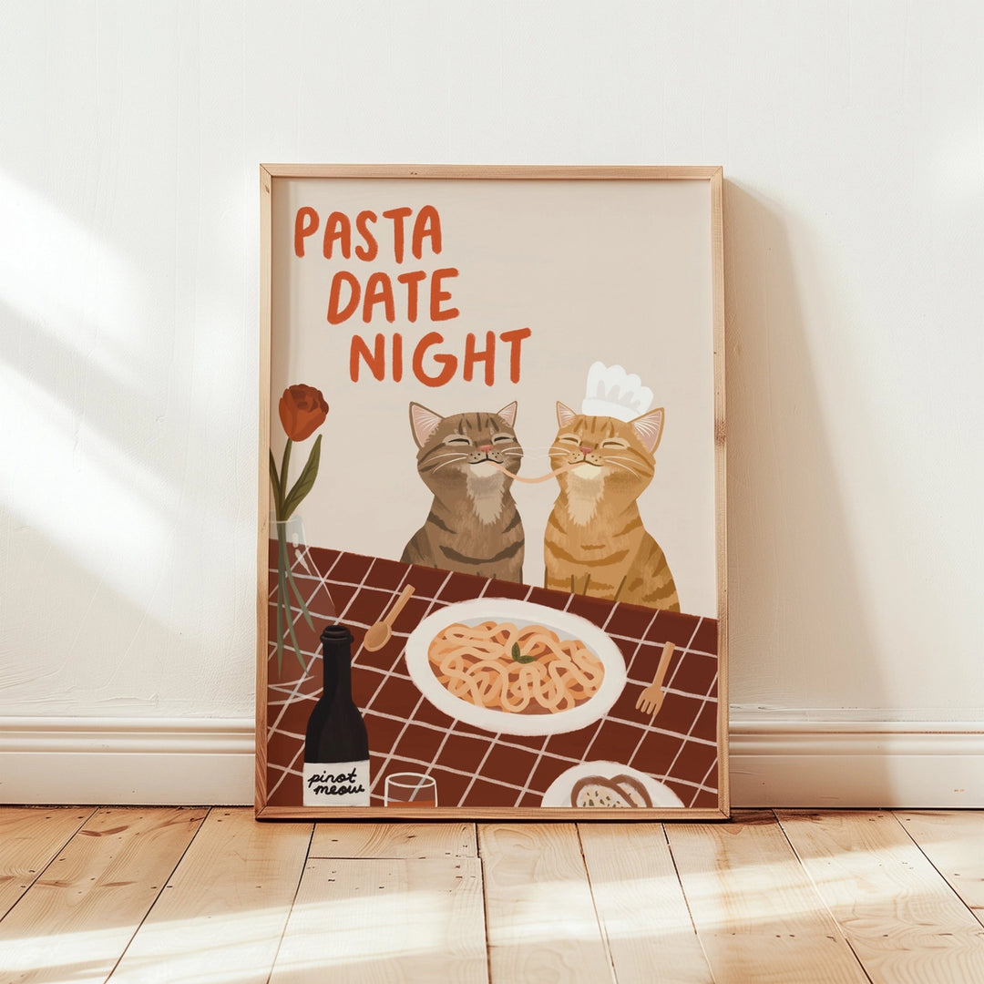 Pasta Date Night Cat Print Red
