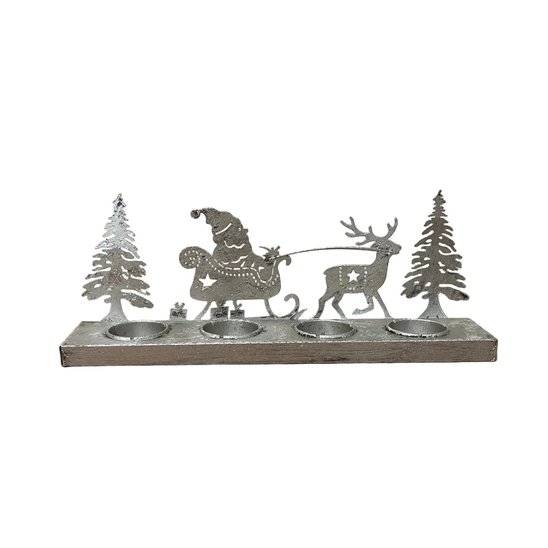 Long Santa & Deer Tea Light Holder Silver