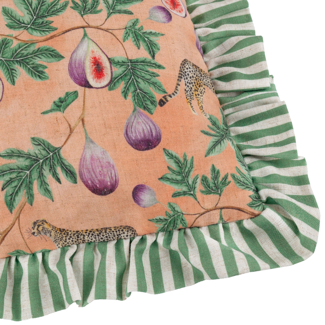 Okara Leopard and Fig Printed Ruffle Cushion in Peach/Green