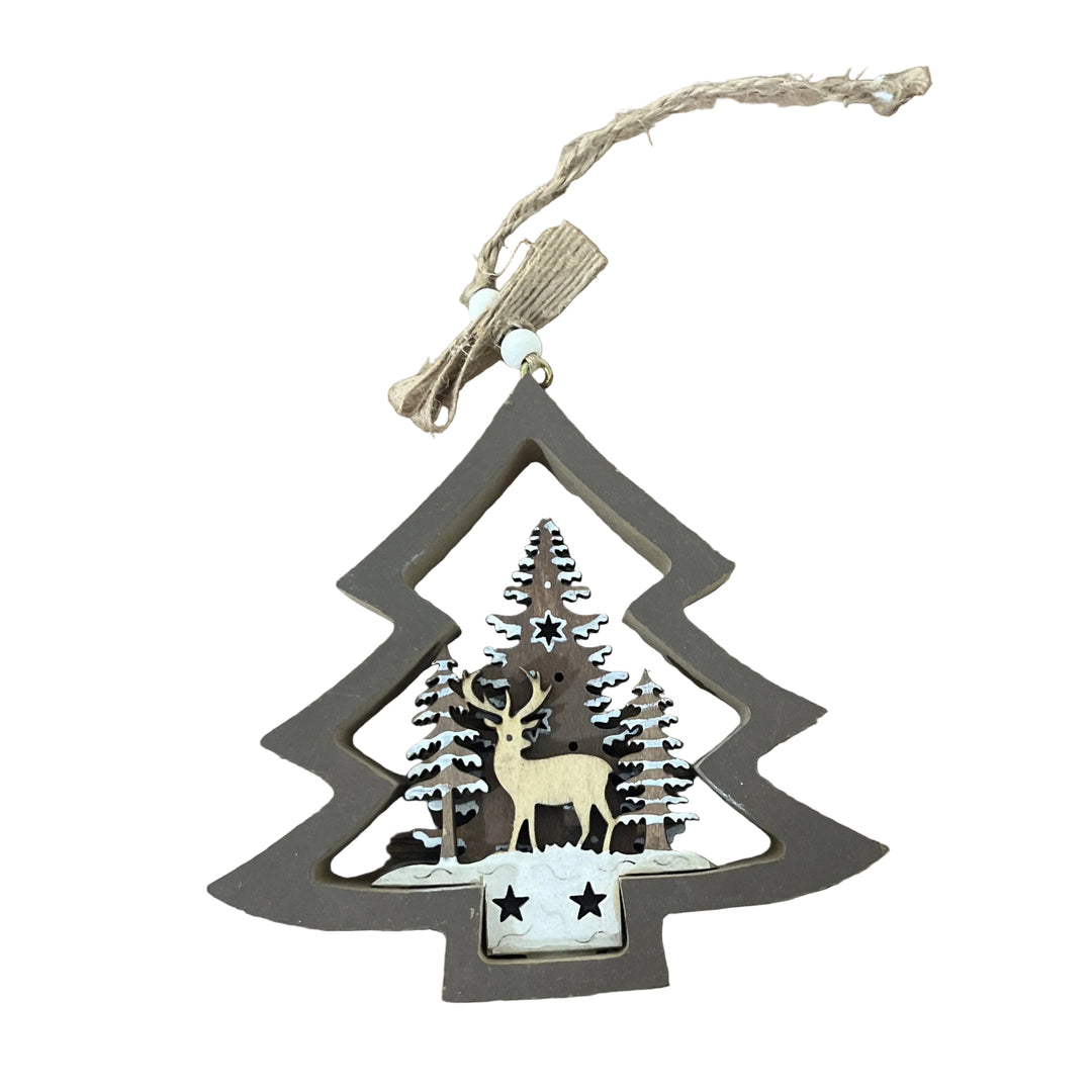 Small Reindeer & Trees in Brown Tree Outline Hanger Country Christmas