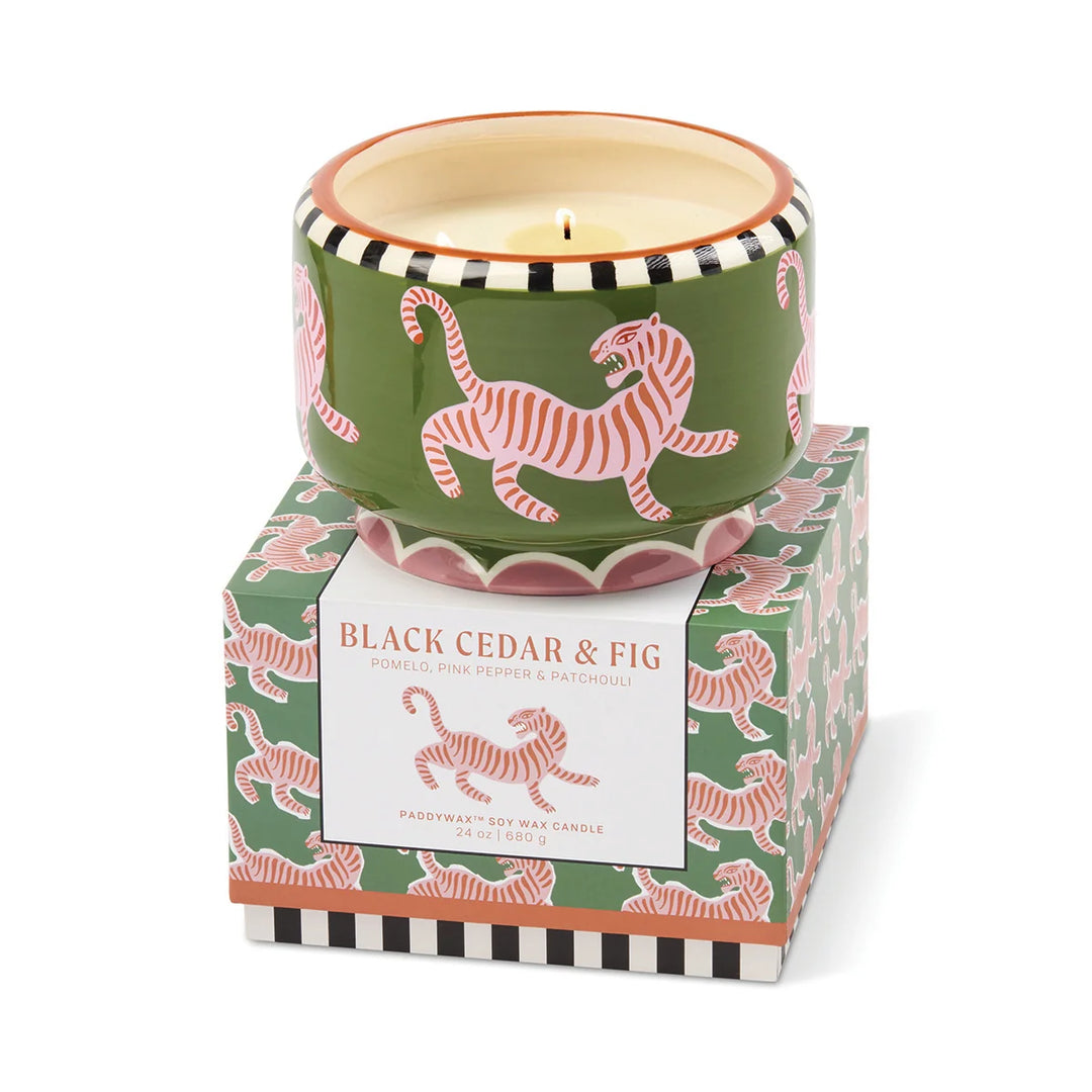 A Dopo Tiger 24oz Ceramic 4 Wick Candle In Black Cedar & Fig