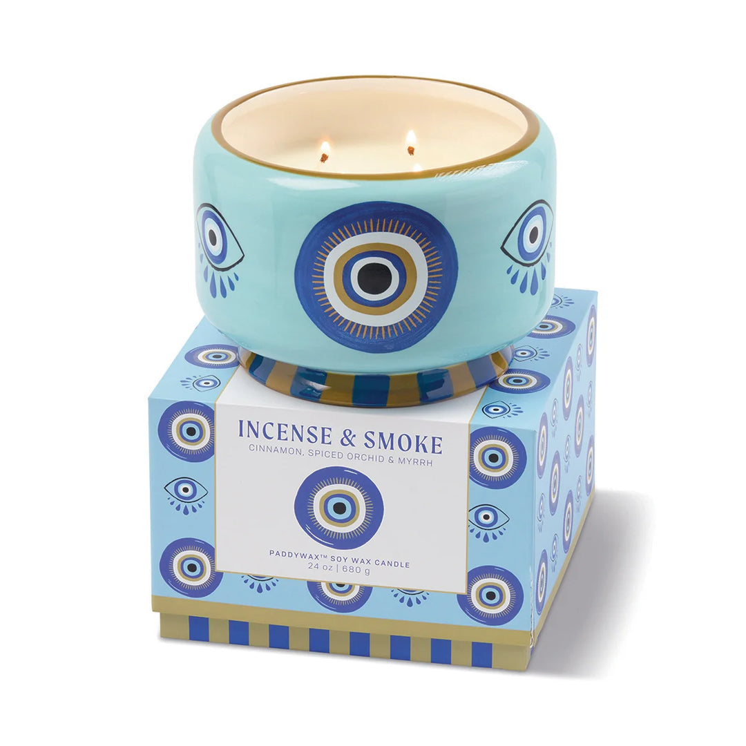 A Dopo Eye 24oz Ceramic 4 Wick Candle in Incense & Smoke