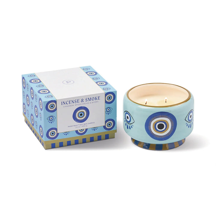 A Dopo Eye 24oz Ceramic 4 Wick Candle in Incense & Smoke
