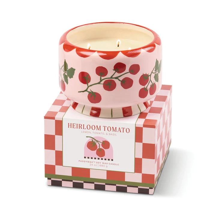 A Dopo Tomato Vine 24oz Ceramic 4 Wick Candle in Heirloom Tomato