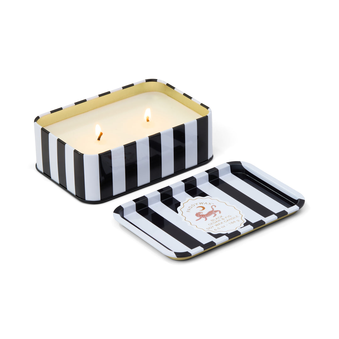 A Dopo Tiger Printed Tin Candle in Black Cedar & Fig