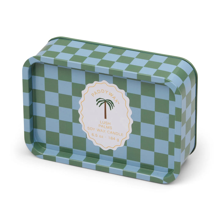 A Dopo Palm Printed Tin Candle in Lush Palms
