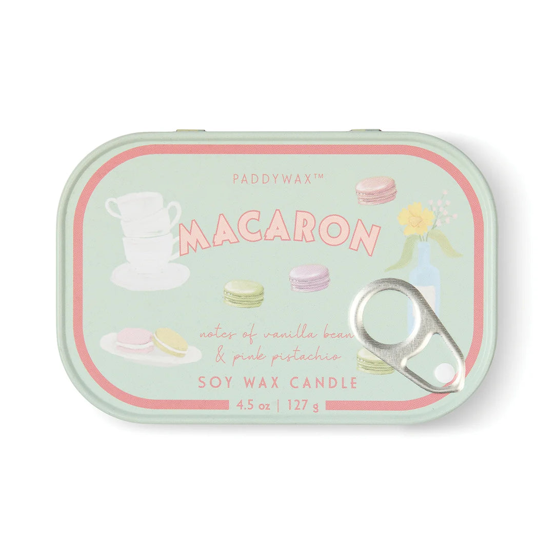 Bistro Macaron Printed Tin Candle in Amber & Pistachio