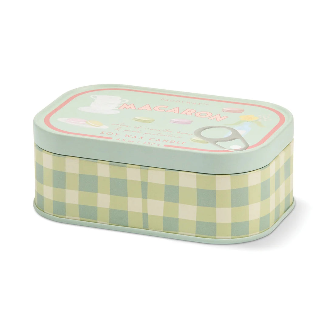 Bistro Macaron Printed Tin Candle in Amber & Pistachio