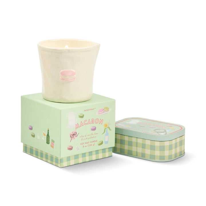 Bistro Macaron Printed Tin Candle in Amber & Pistachio