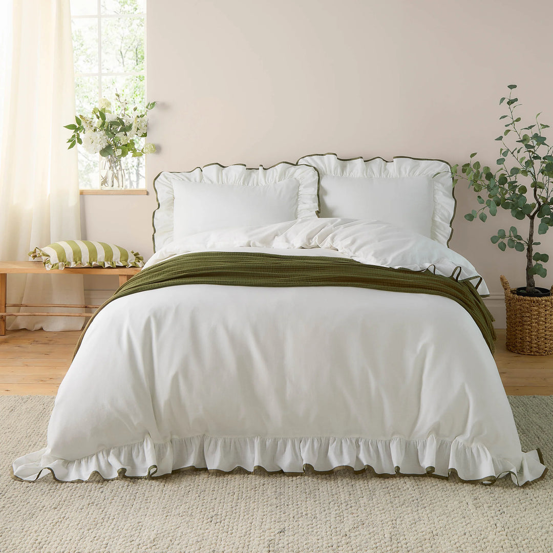 Blousey Cotton Ruffle Duvet Cover Set in Olive
