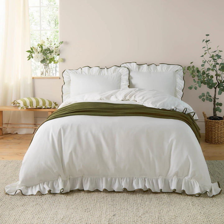 Blousey Cotton Ruffle Duvet Cover Set in Olive