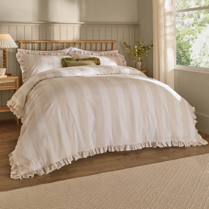 Birdie Stripe Ruffle Duvet Cover Set in Oat Milk