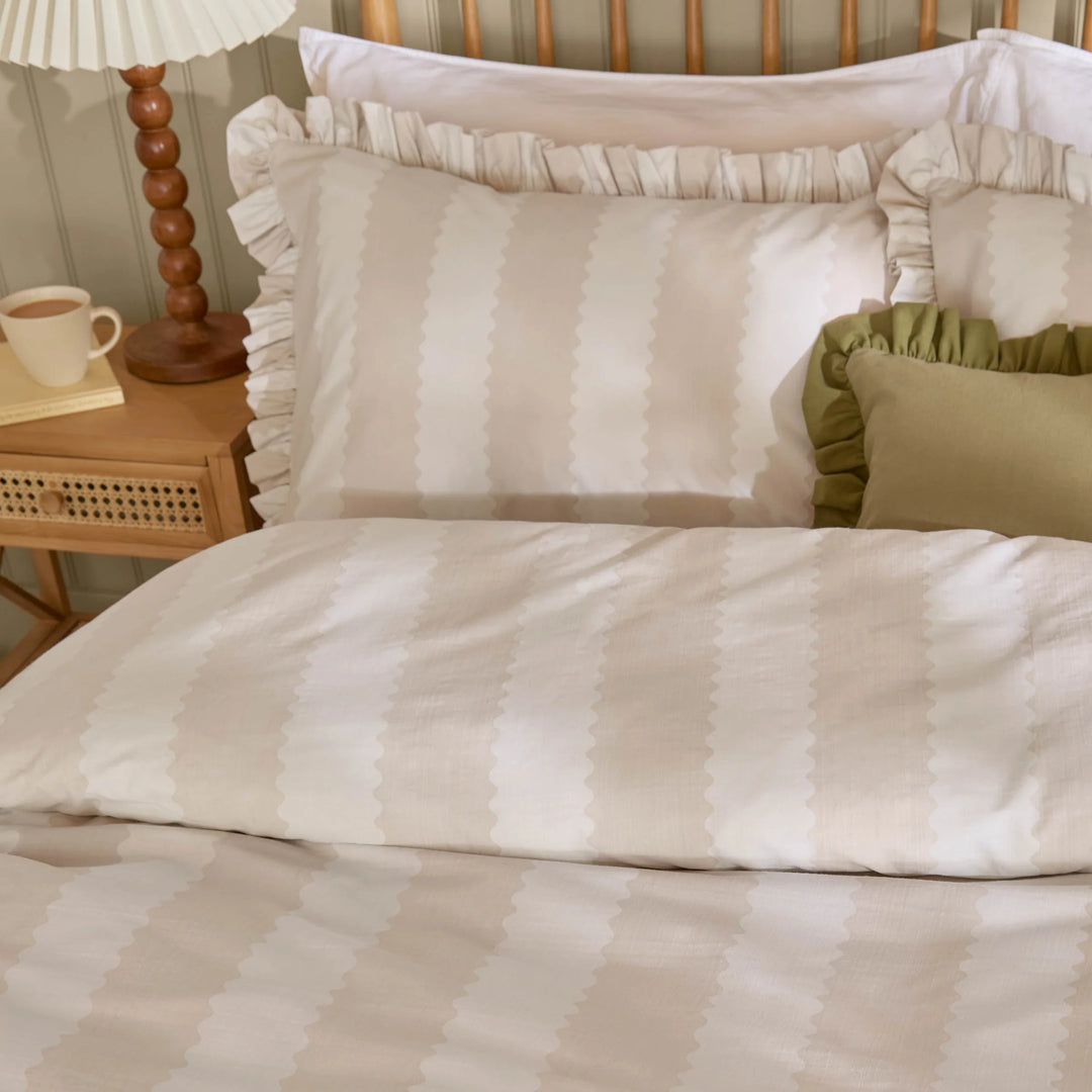 Birdie Stripe Ruffle Duvet Cover Set in Oat Milk