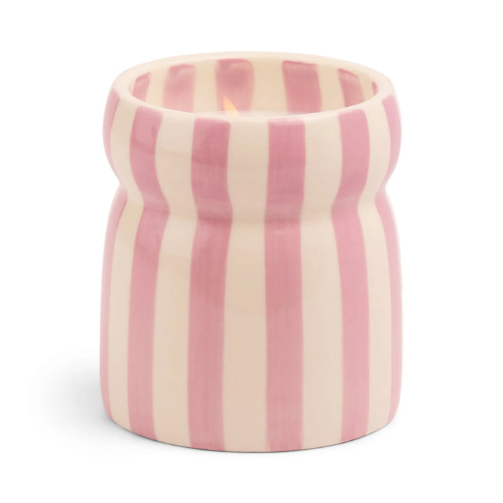 Cabana Lavender Stripped Ceramic Candle in Grecian Sand Boxed