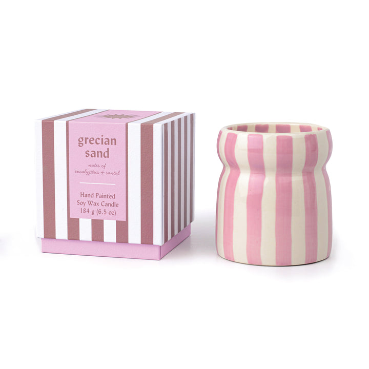 Cabana Lavender Stripped Ceramic Candle in Grecian Sand Boxed