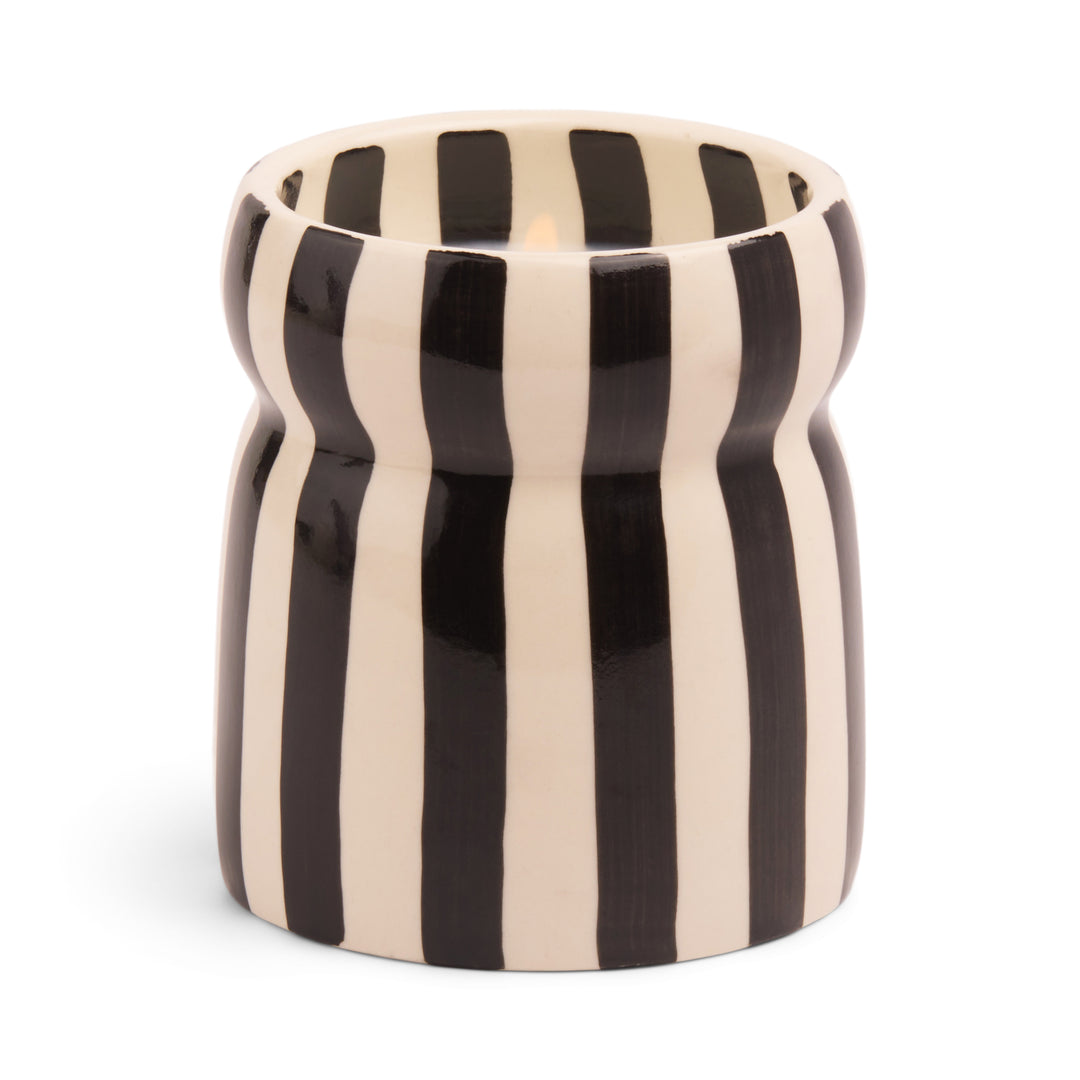 Cabana Black Stripped Ceramic Candle In Lava Stone