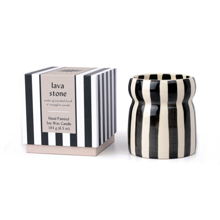 Cabana Black Stripped Ceramic Candle In Lava Stone