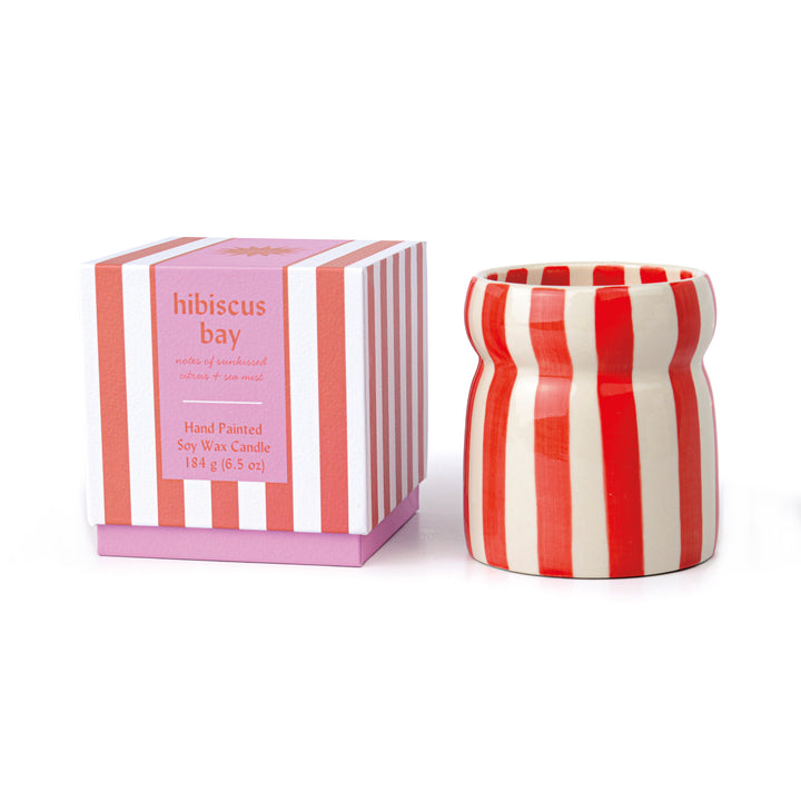 Cabana Red Stripped Ceramic Candle In Hibiscus Bay