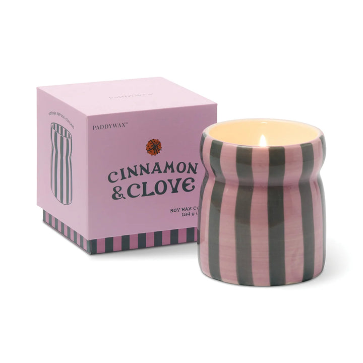 Cabana Christmas Pink/Green Striped Ceramic Candle Cinnamon & Clove