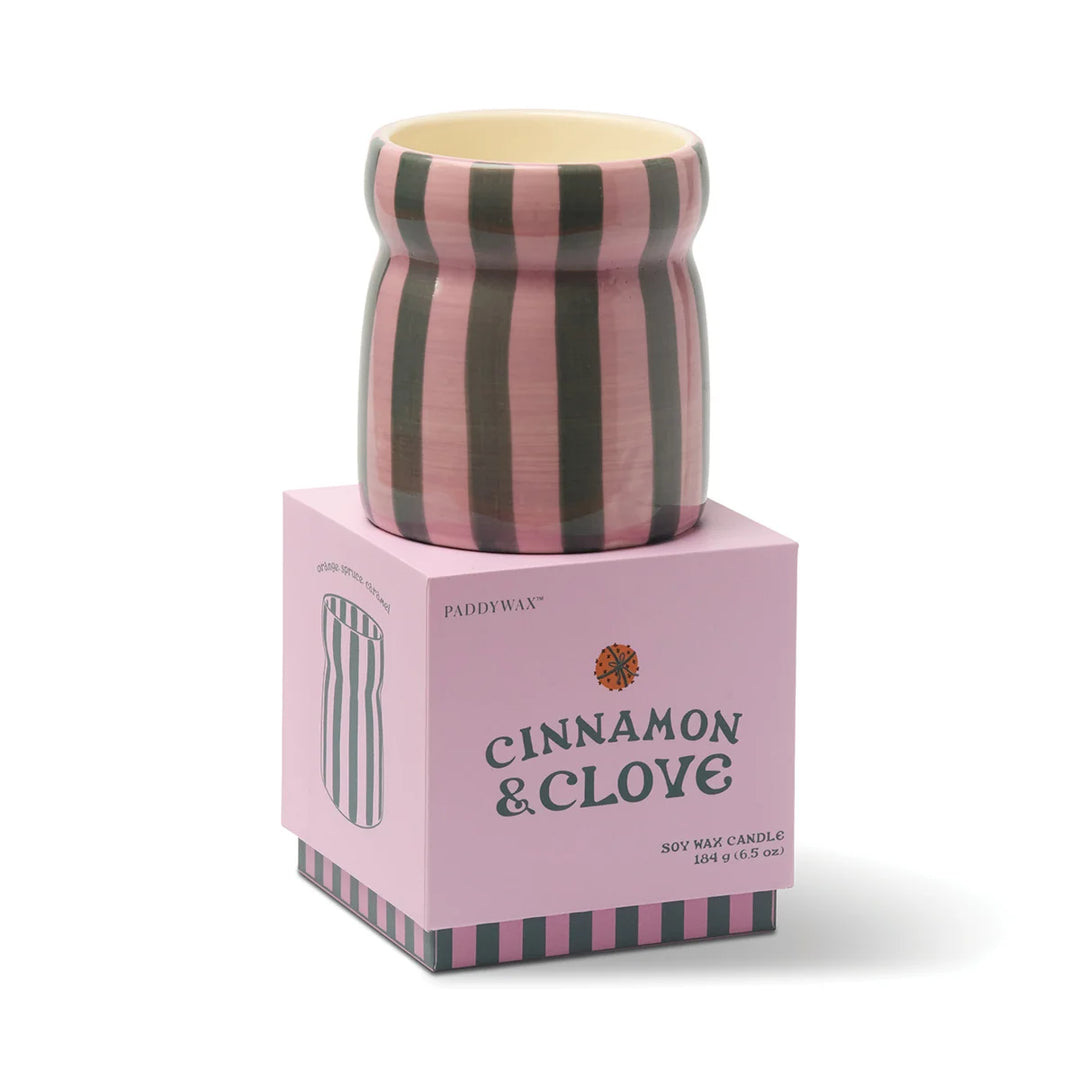 Cabana Christmas Pink/Green Striped Ceramic Candle Cinnamon & Clove
