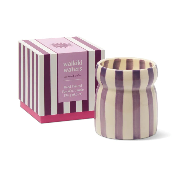 Cabana Teal Striped Ceramic Candle Waikiki Waters