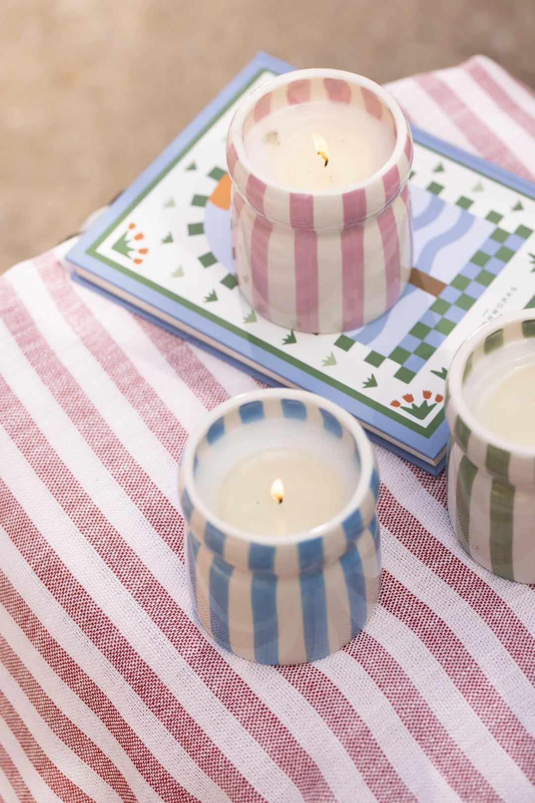 Cabana Lavender Stripped Ceramic Candle in Grecian Sand Boxed