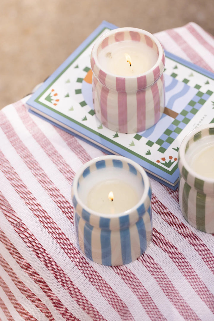 Cabana Lavender Stripped Ceramic Candle in Grecian Sand Boxed