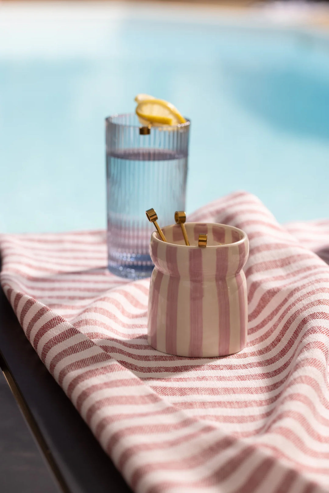 Cabana Lavender Stripped Ceramic Candle in Grecian Sand Boxed