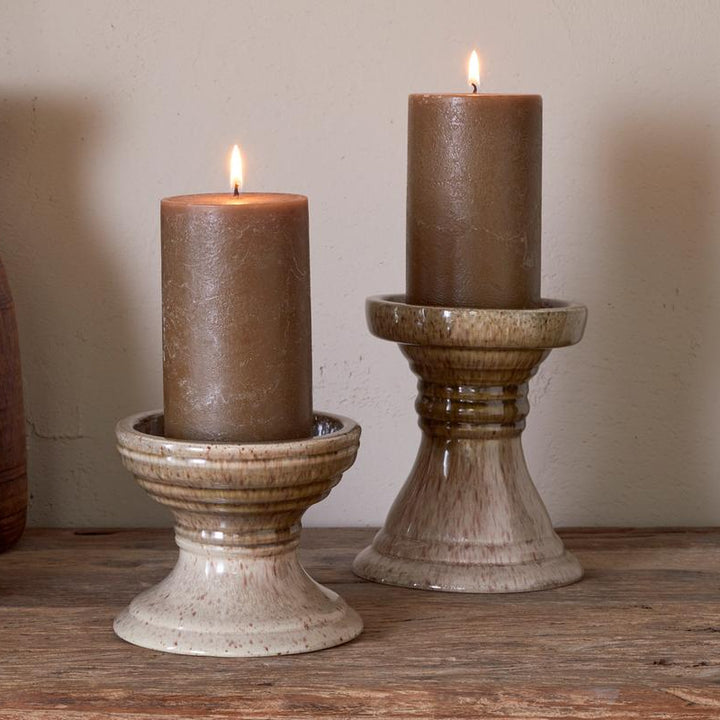 Cabra Reactive Glaze Candle Holder Large in Olive & Natural