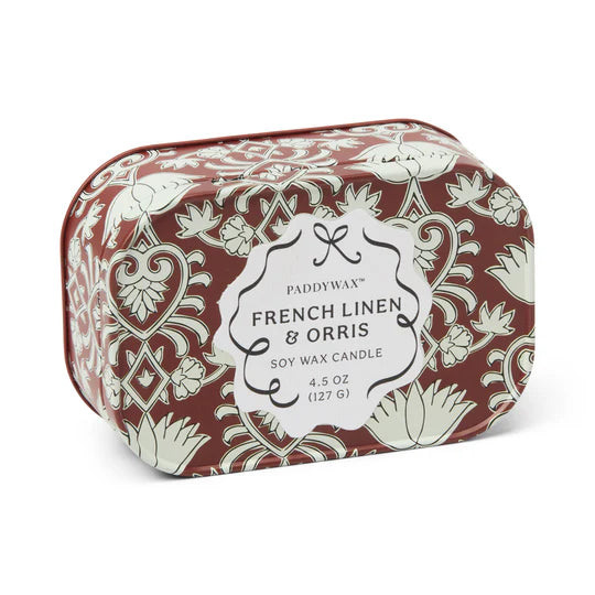 Cherie Printed Tin Candle Crimson & Cream - French Linen & Orris