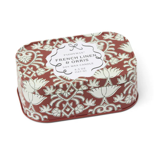 Cherie Printed Tin Candle Crimson & Cream - French Linen & Orris