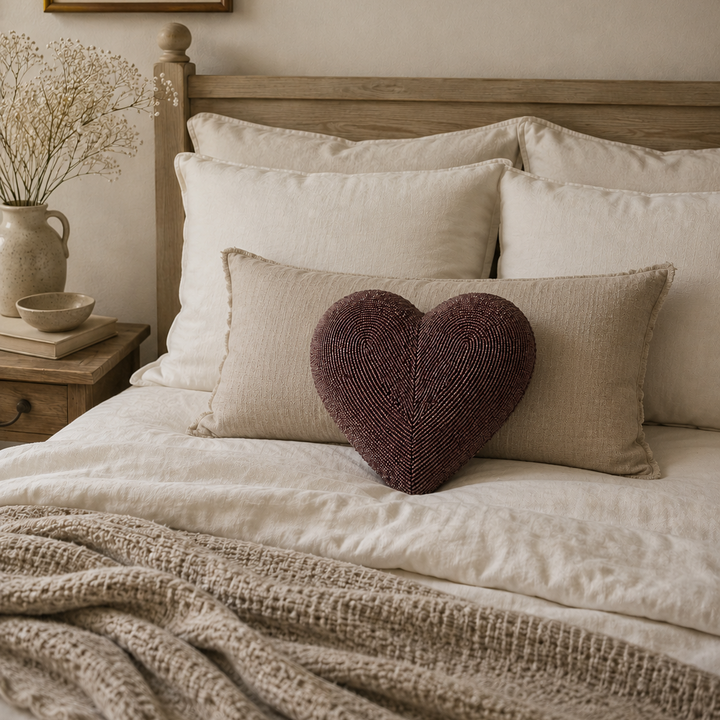 Beaded Heart Cushion in Burgundy Ex Display Outlet