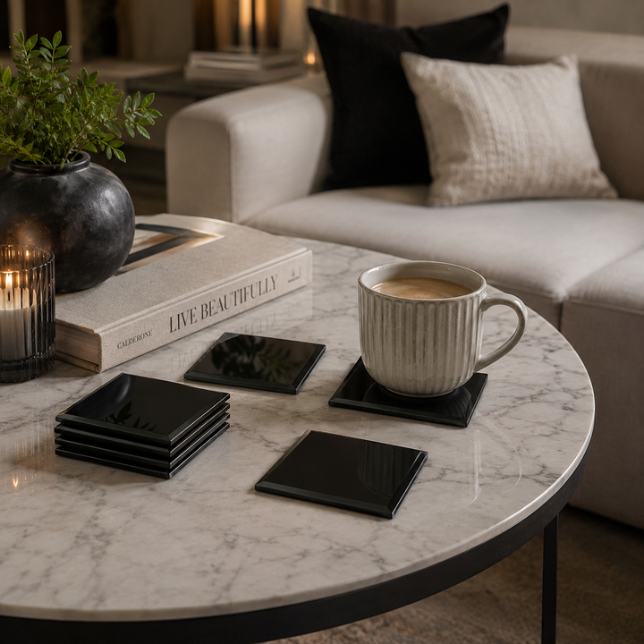 Set of 6 Black Glass Coasters Outlet