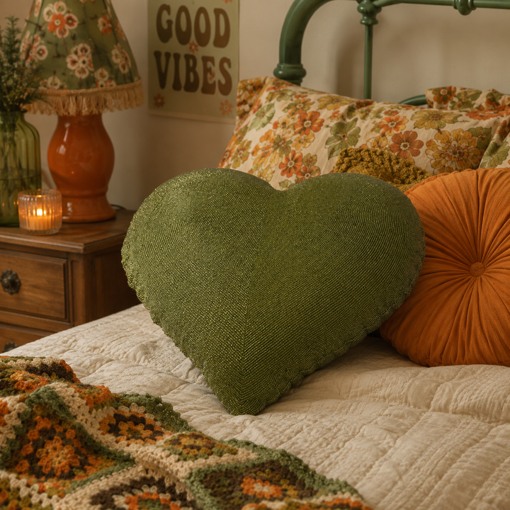 Beaded Heart Cushion in Green Ex Display Outlet