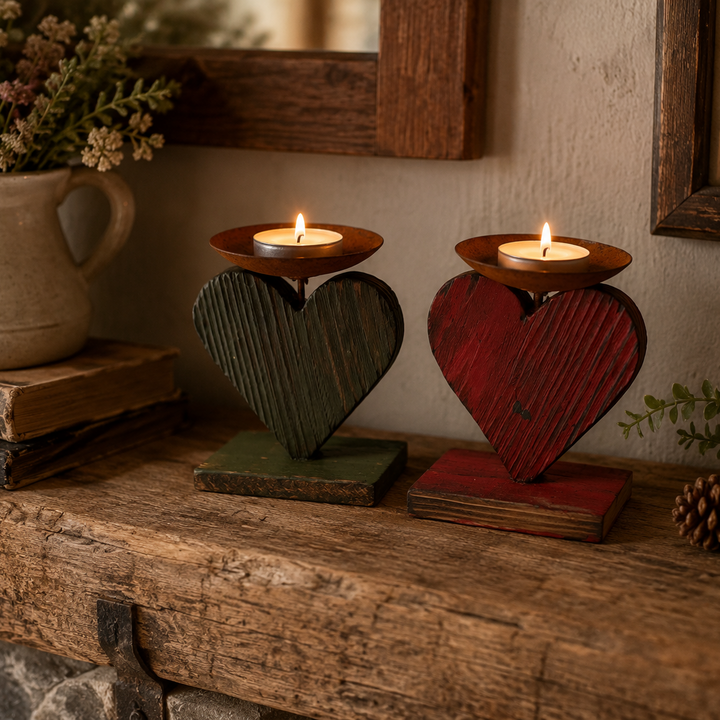 Wooden Heart Tea Light Holders Set of 2 Ex Display Outlet