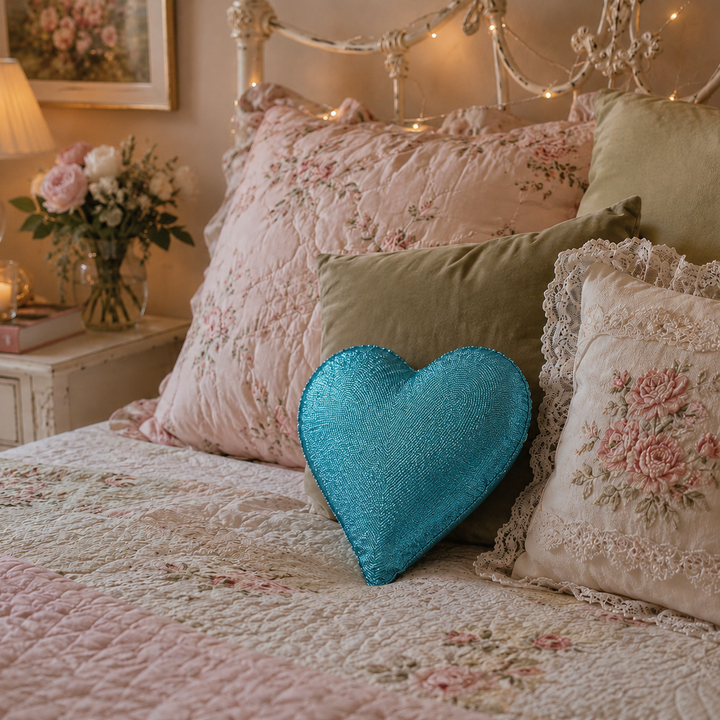 Large Beaded Heart Cushion in Blue Ex Display Outlet