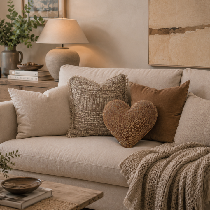 Beaded Heart Cushion Large in Brown Ex Display Outlet