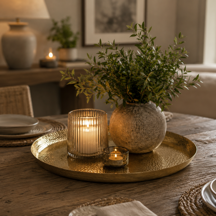 Large Round Aluminium Serving Tray Brass