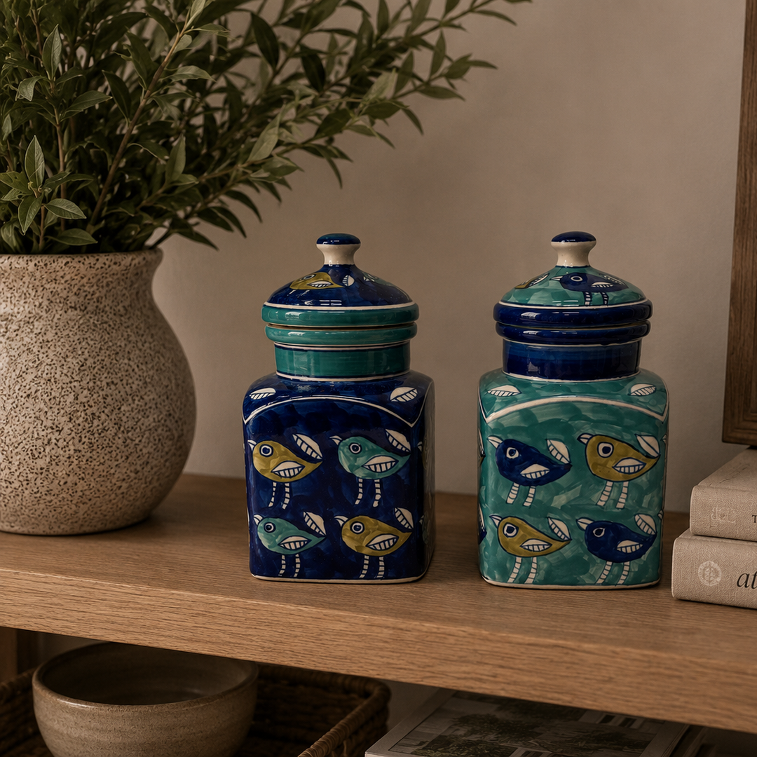 Pair of Song Bird Ceramic Jars