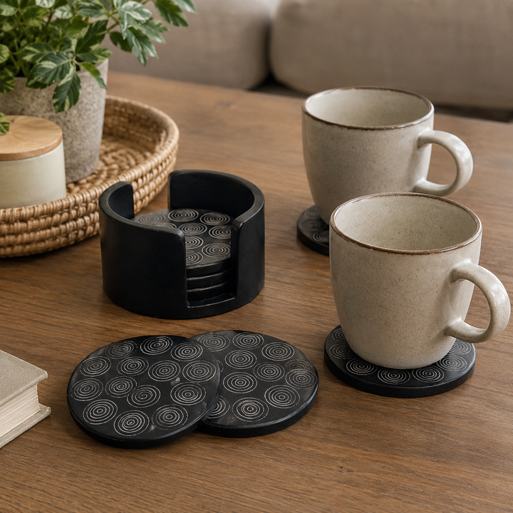 Circle Carved Coasters Black Soap Stone Set of 6 Outlet
