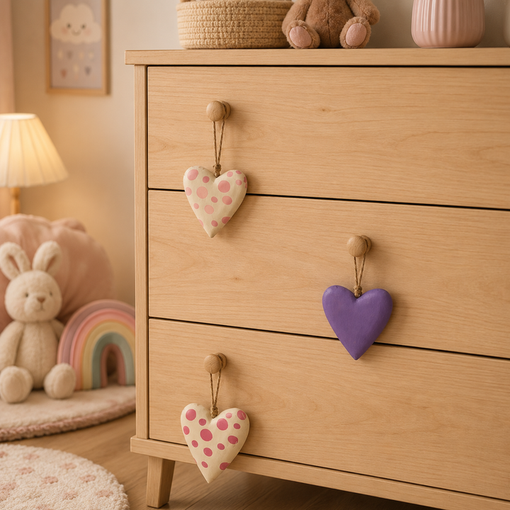 Set of 3 Wooden Heart Decorations Purple Outlet
