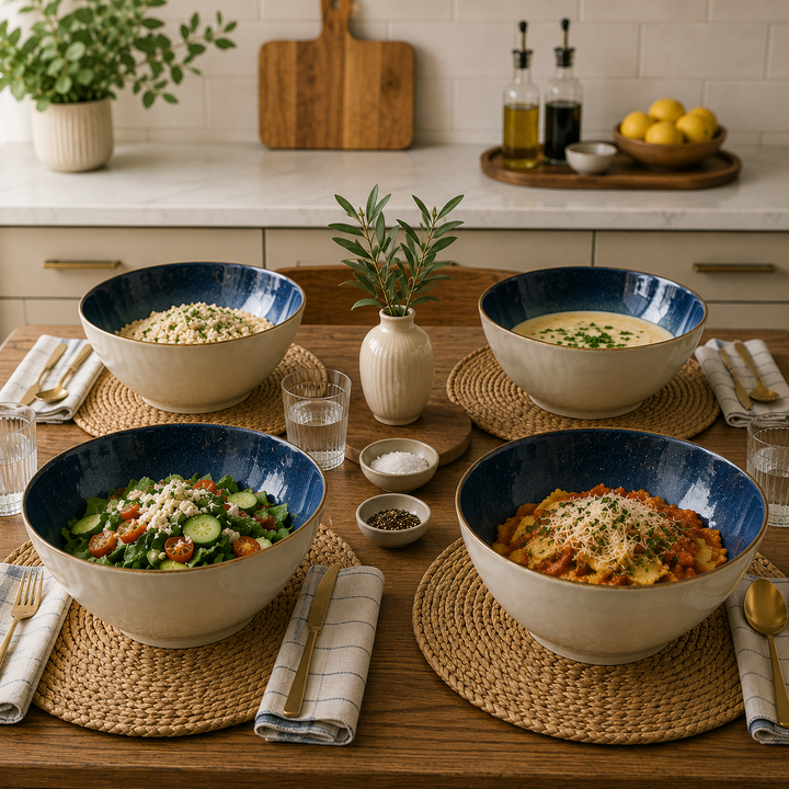 Set of 4 Large Deep Bowls Blue Ivory