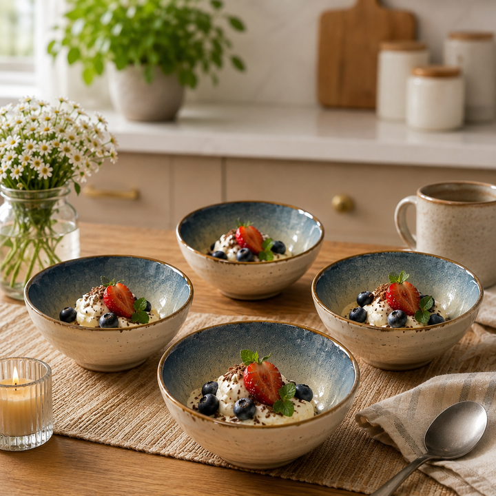 Set of 4 Small Deep Bowls Blue Ivory